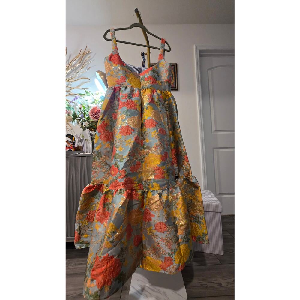 Mac Duggal Floral Brocade Maxi Dress in Coral, Yellow and Gray-Blue - Picture 5 of 8